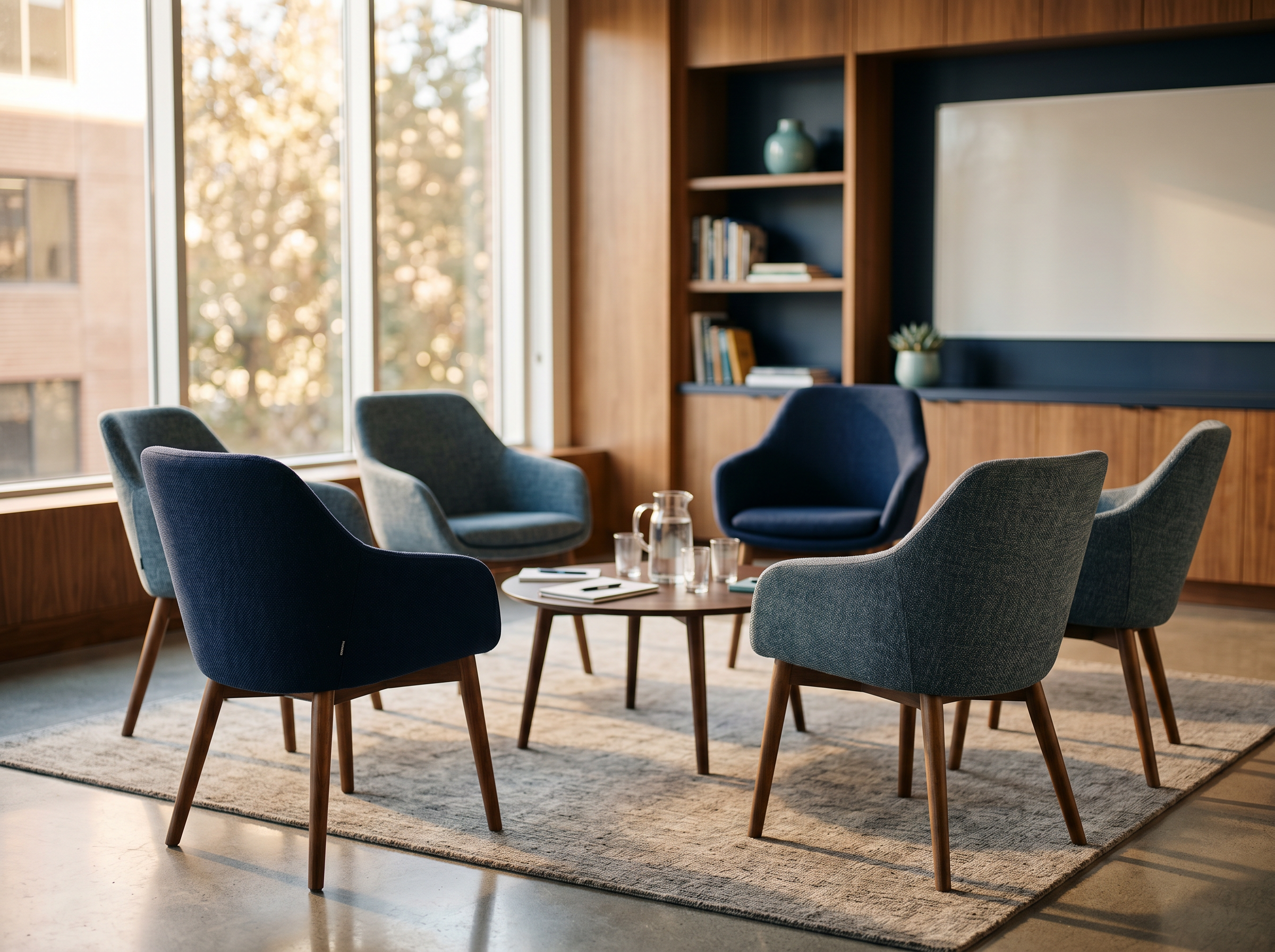 A warm, inviting workshop space arranged for leadership conversations.